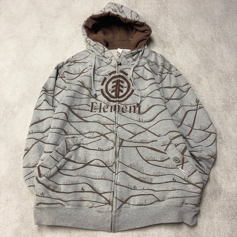 Vintage Y2K Element Full Zip Hoodie AOP Fleece Lined Gray Skater Mens L